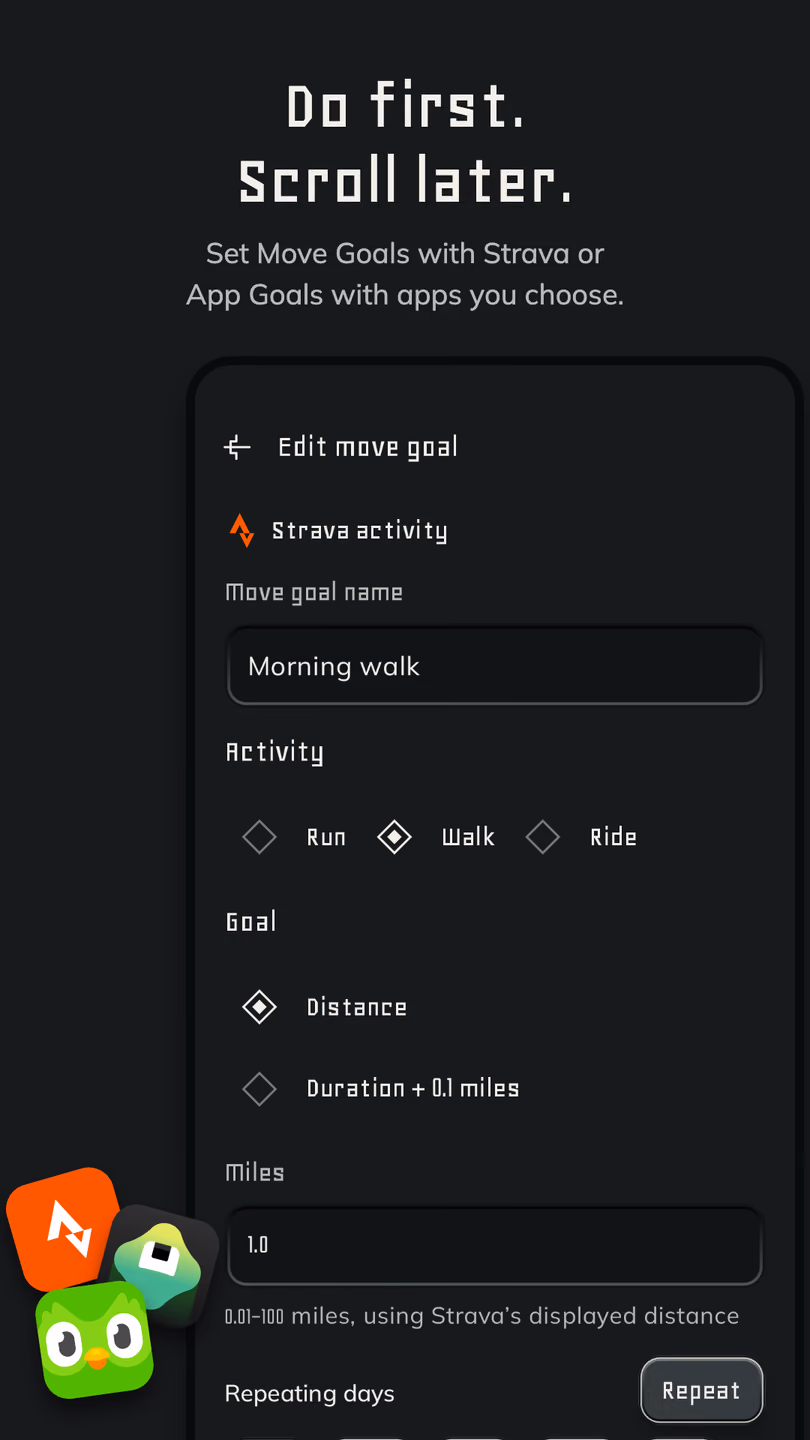Taky Move Goal editor for a morning walk with a distance target.