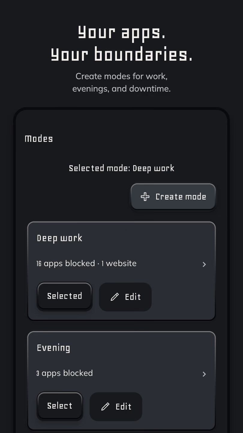 Taky Modes showing Deep work and Evening with their blocked apps.