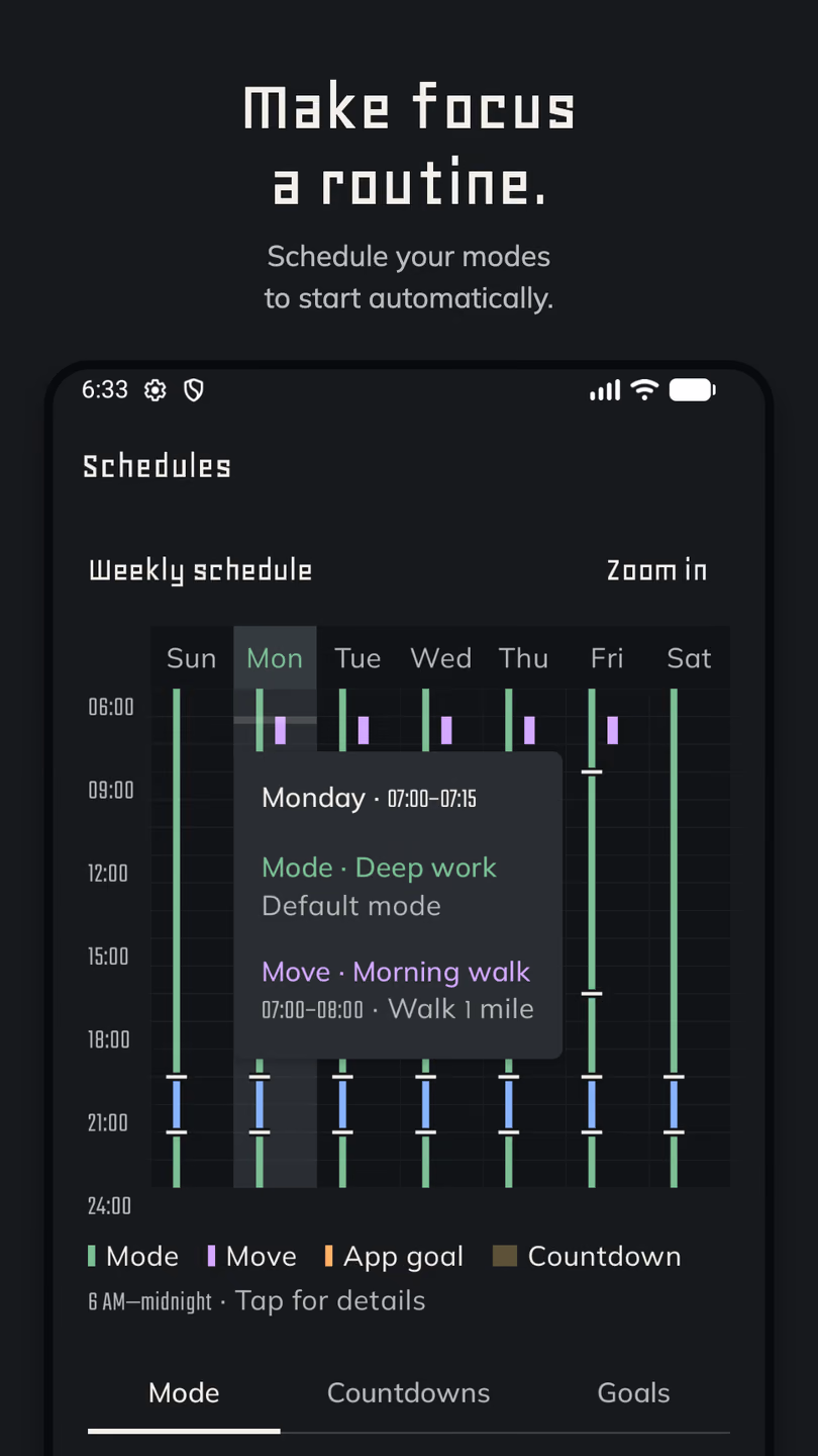 Taky weekly schedule with blocking modes, countdowns, and goals.
